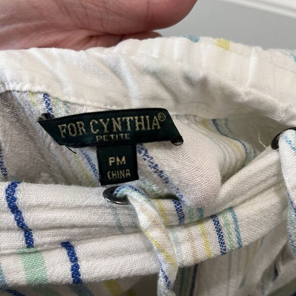 For Cynthia Striped White Teal Pull On Pants Linen Blend Womens Size PM Petite M - Picture 7 of 8